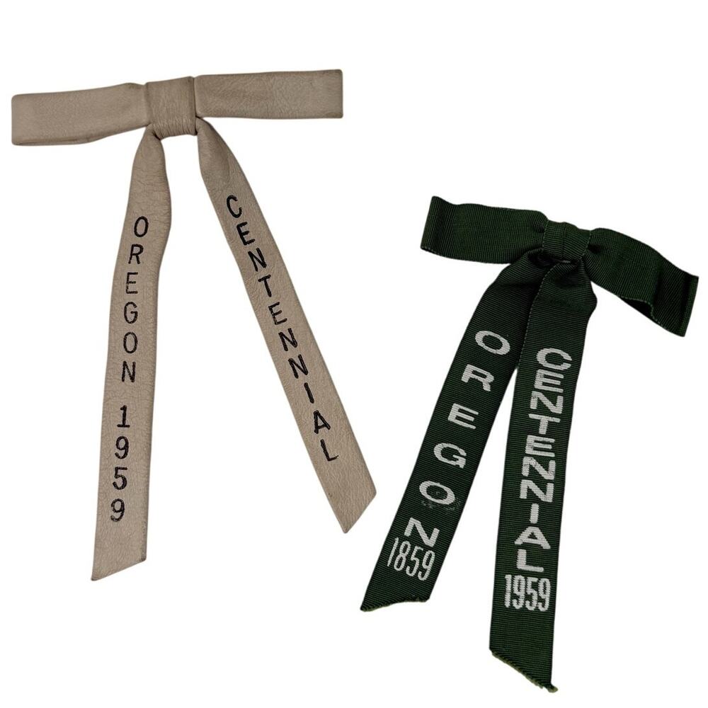 Vintage 1959 Oregon Centennial Ribbon Clip Ties Cream & Green Set